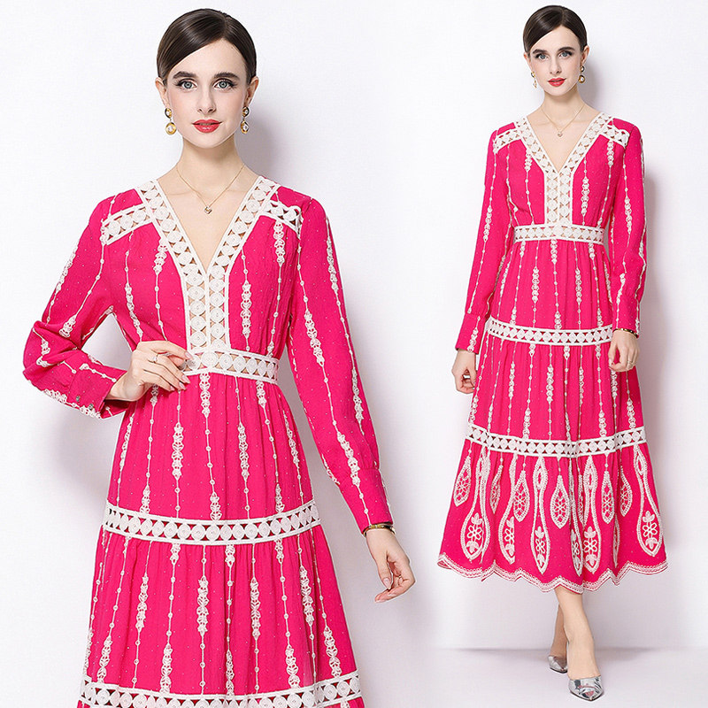 Pinched waist retro temperament long sleeve dress for women