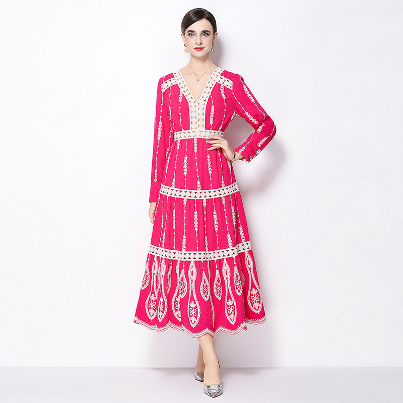 Pinched waist retro temperament long sleeve dress for women