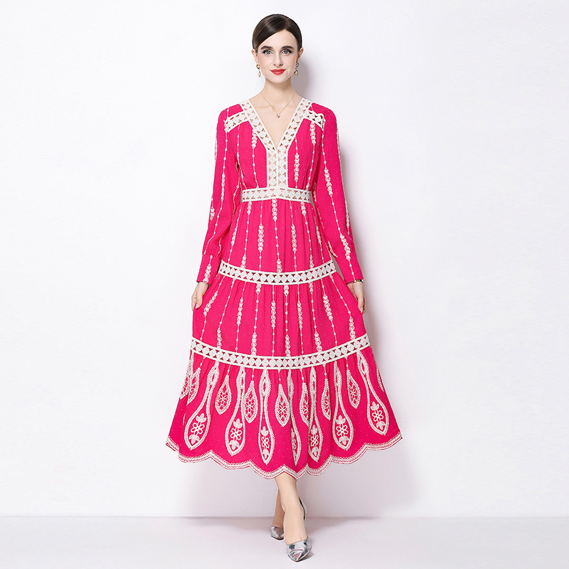 Pinched waist retro temperament long sleeve dress for women