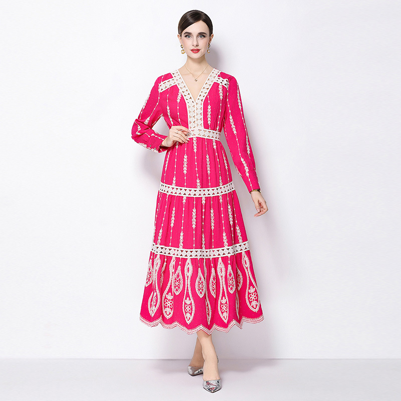 Pinched waist retro temperament long sleeve dress for women