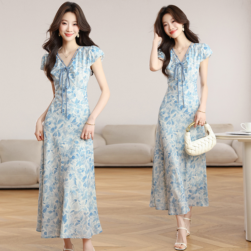 Elegant France style spring and summer pinched waist dress