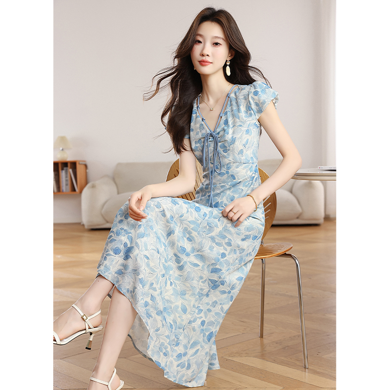 Elegant France style spring and summer pinched waist dress