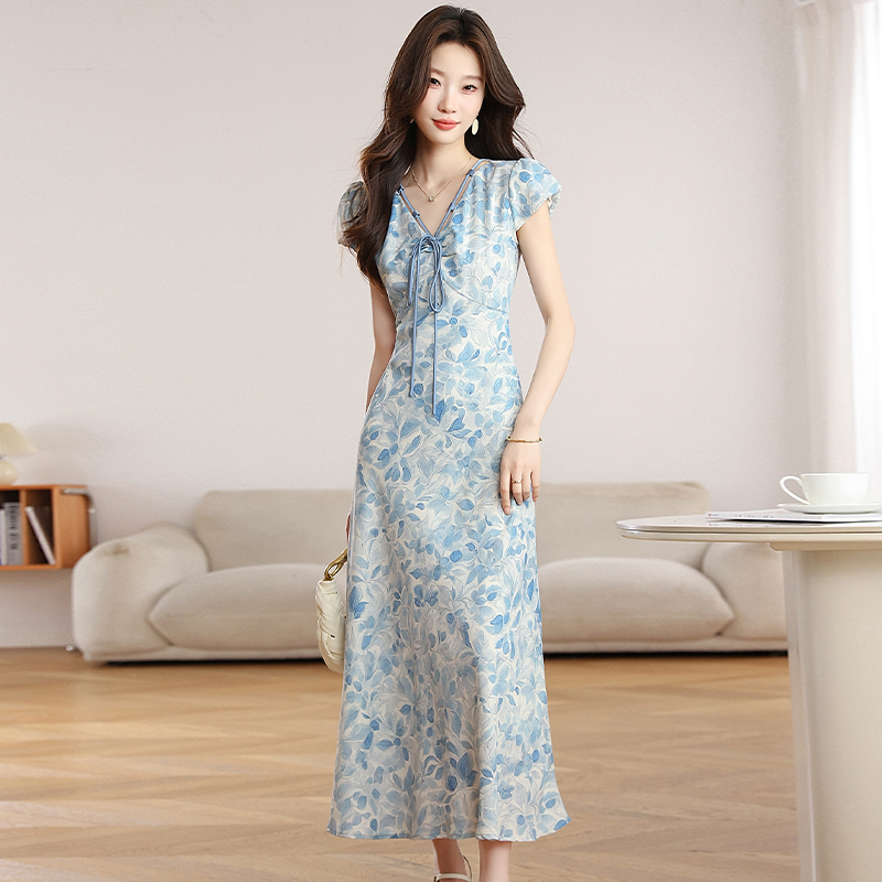 Elegant France style spring and summer pinched waist dress