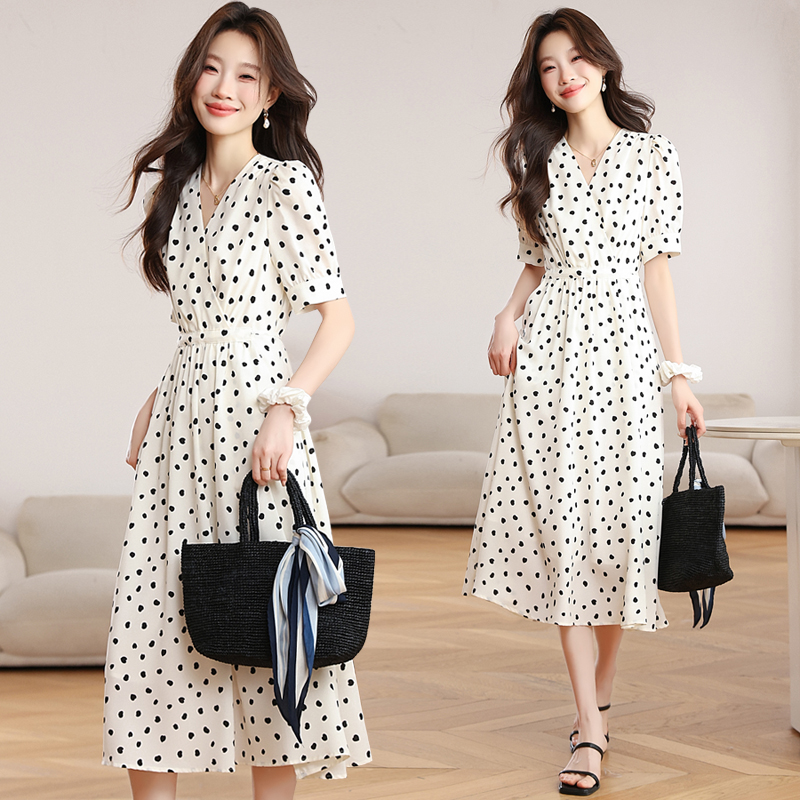 Retro France style polka dot V-neck dress for women