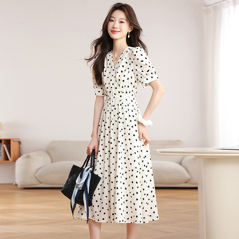 Retro France style polka dot V-neck dress for women