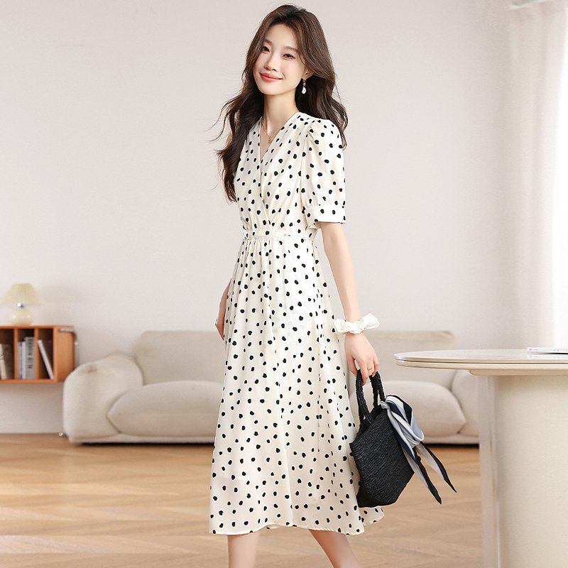 Retro France style polka dot V-neck dress for women