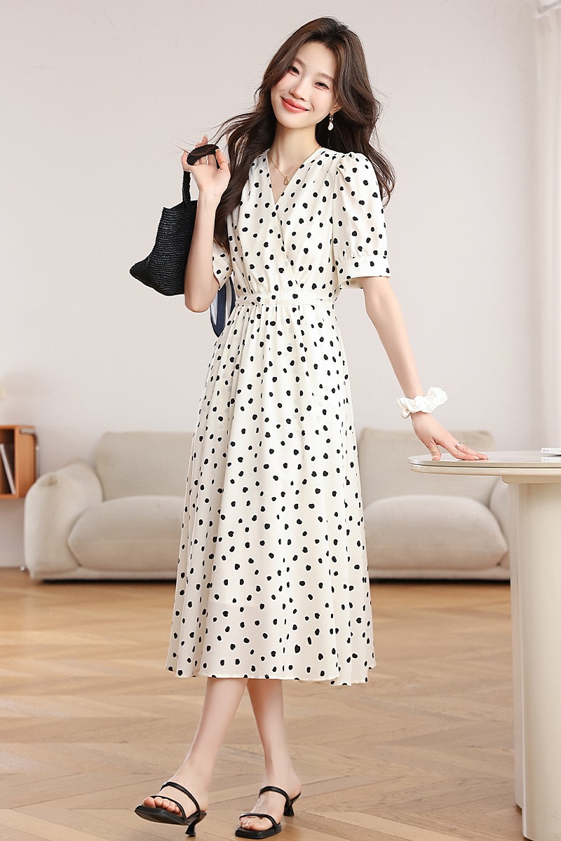Retro France style polka dot V-neck dress for women