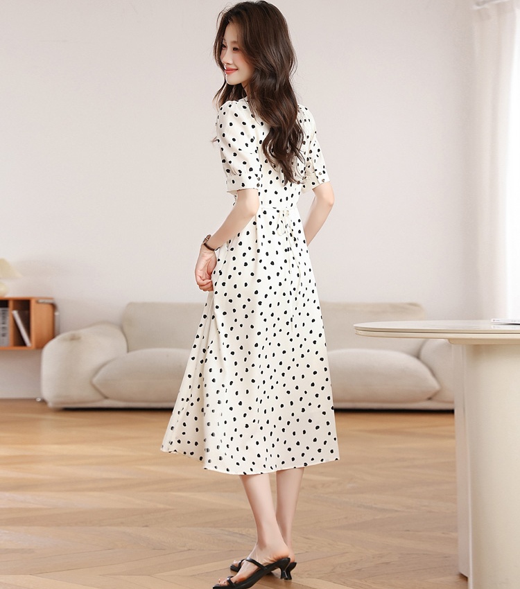 Retro France style polka dot V-neck dress for women