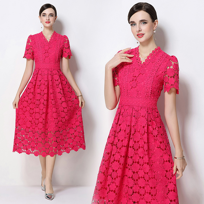 Long slim hollow V-neck lace fashion dress