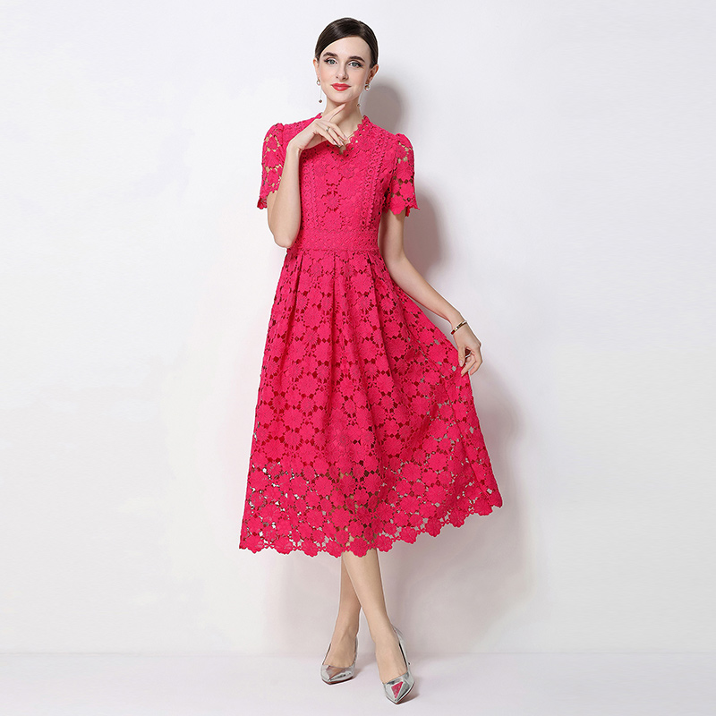 Long slim hollow V-neck lace fashion dress