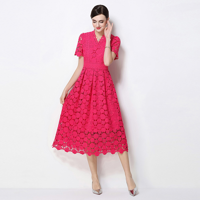 Long slim hollow V-neck lace fashion dress