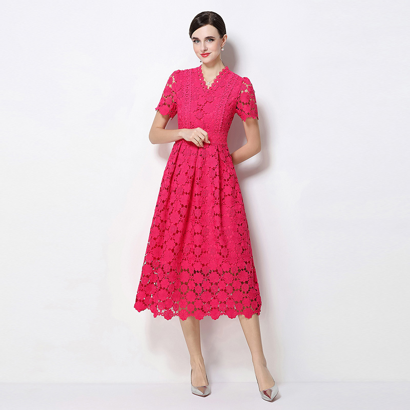 Long slim hollow V-neck lace fashion dress