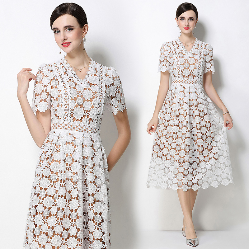 Slim hollow lace V-neck long fashion dress