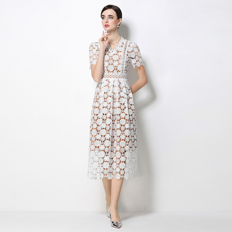 Slim hollow lace V-neck long fashion dress