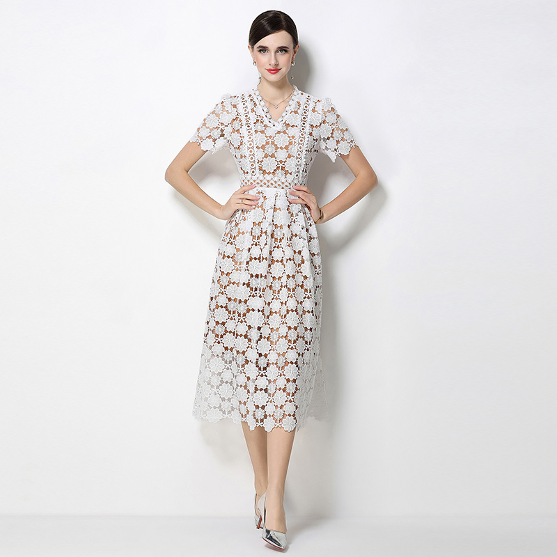 Slim hollow lace V-neck long fashion dress