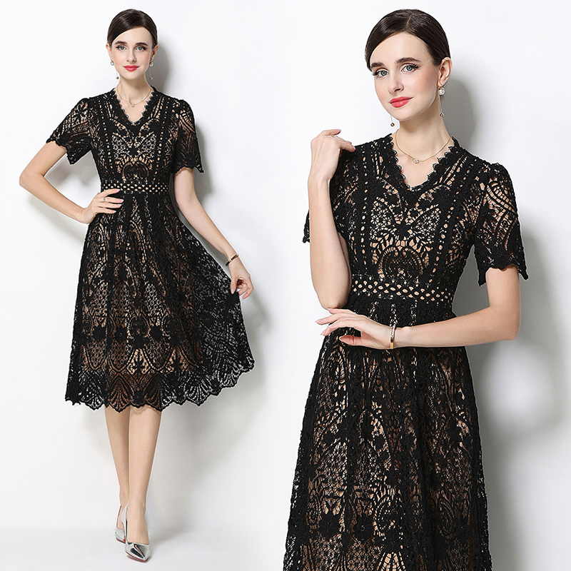 Slim V-neck lace fashion hollow long dress