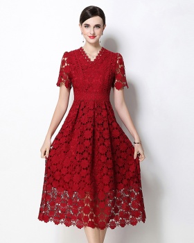 Fashion long V-neck slim hollow lace dress