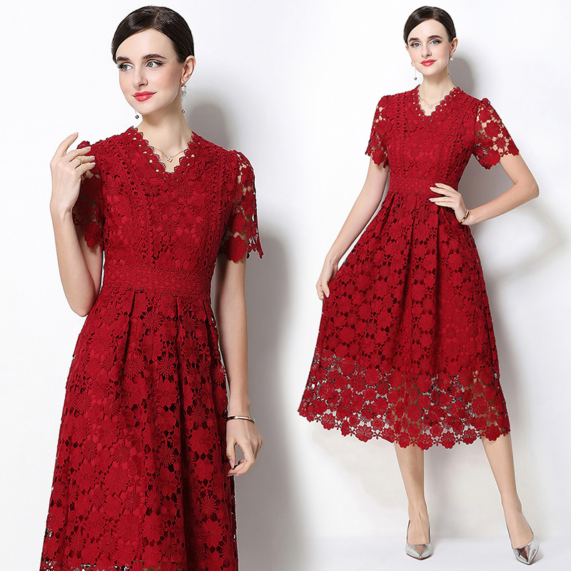 Fashion long V-neck slim hollow lace dress