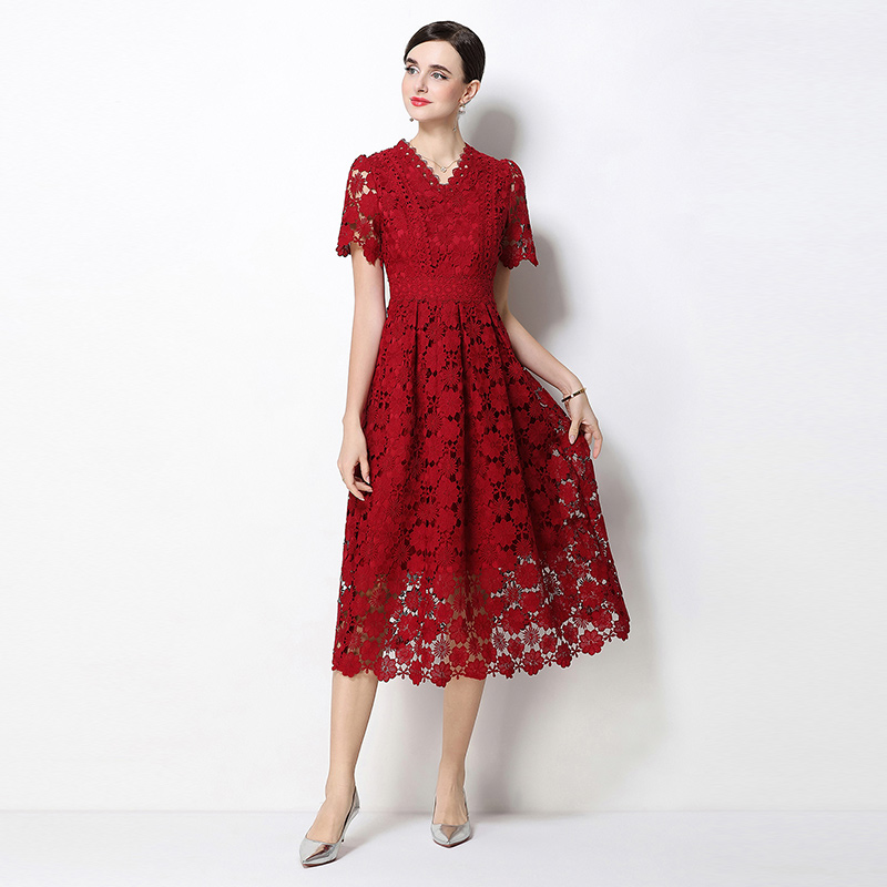 Fashion long V-neck slim hollow lace dress