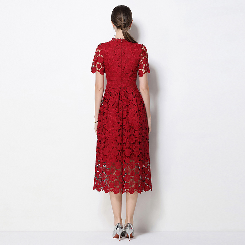 Fashion long V-neck slim hollow lace dress