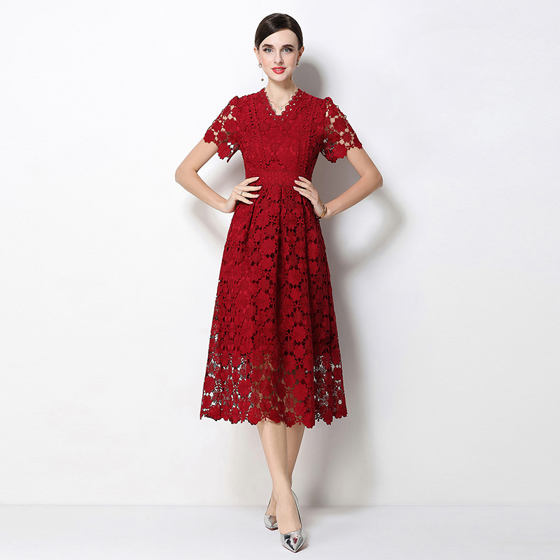 Fashion long V-neck slim hollow lace dress