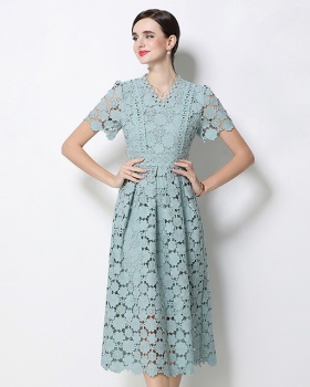 Lace long fashion V-neck slim hollow dress