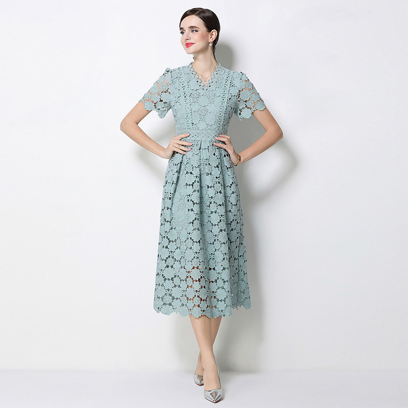 Lace long fashion V-neck slim hollow dress