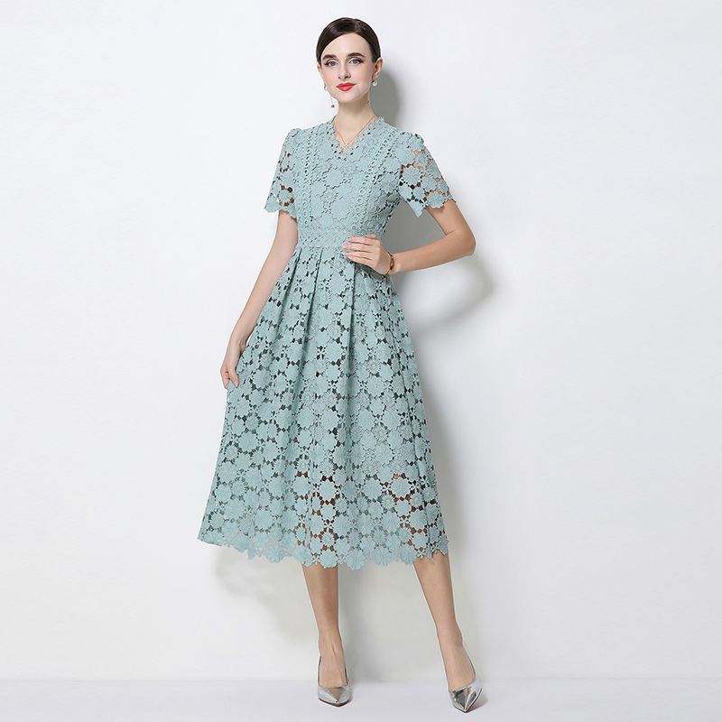 Lace long fashion V-neck slim hollow dress