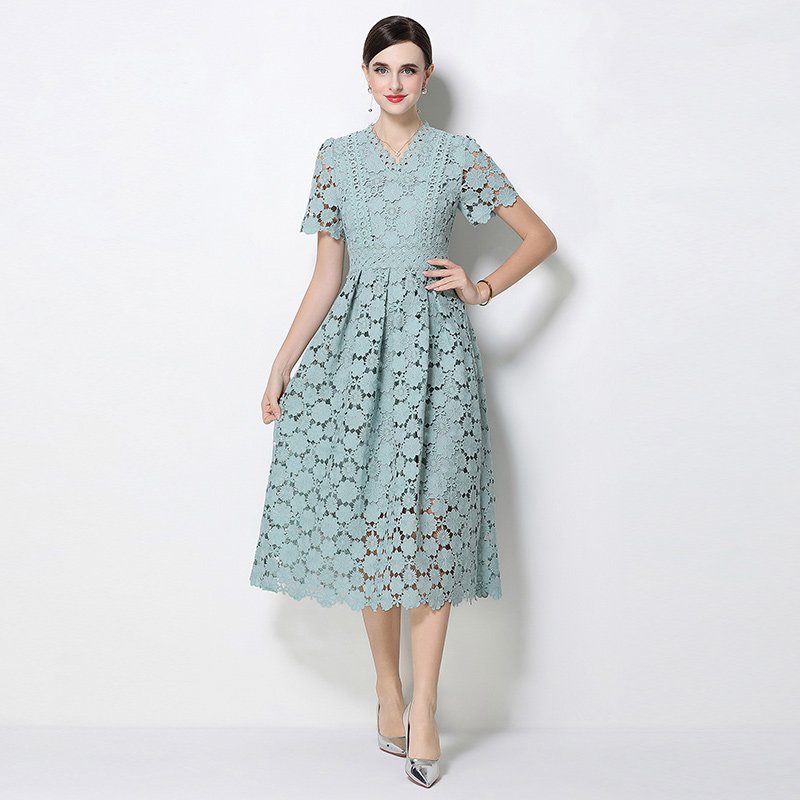 Lace long fashion V-neck slim hollow dress