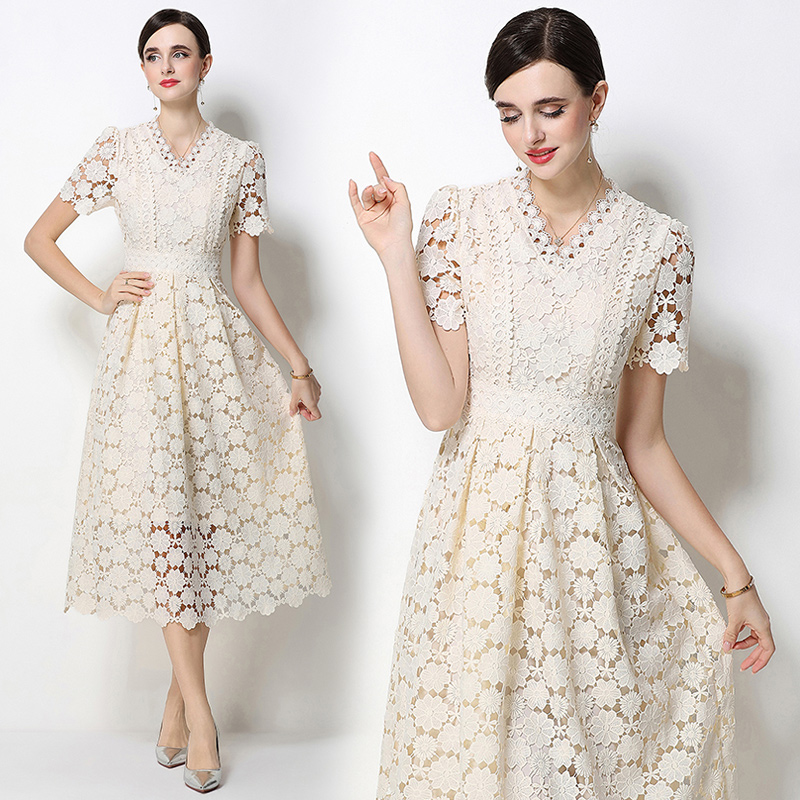 Fashion lace hollow long slim V-neck dress