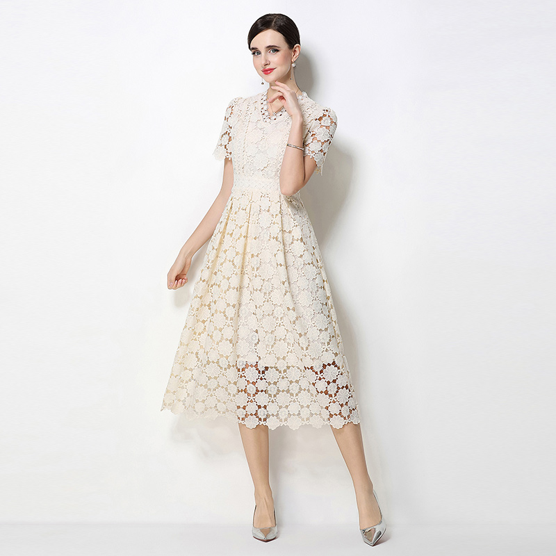 Fashion lace hollow long slim V-neck dress