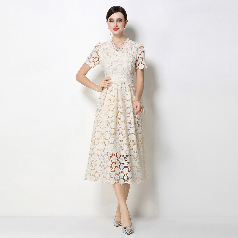 Fashion lace hollow long slim V-neck dress