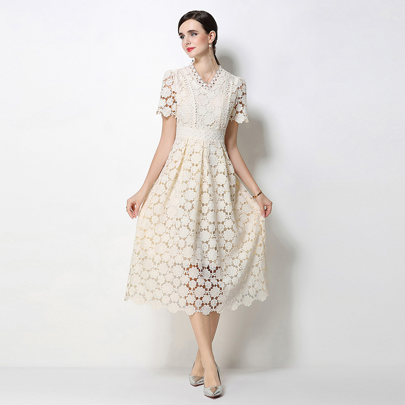 Fashion lace hollow long slim V-neck dress