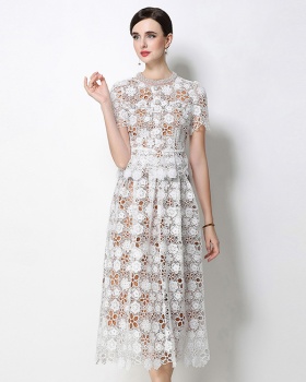 Hollow light luxury fashion lace slim skirt a set