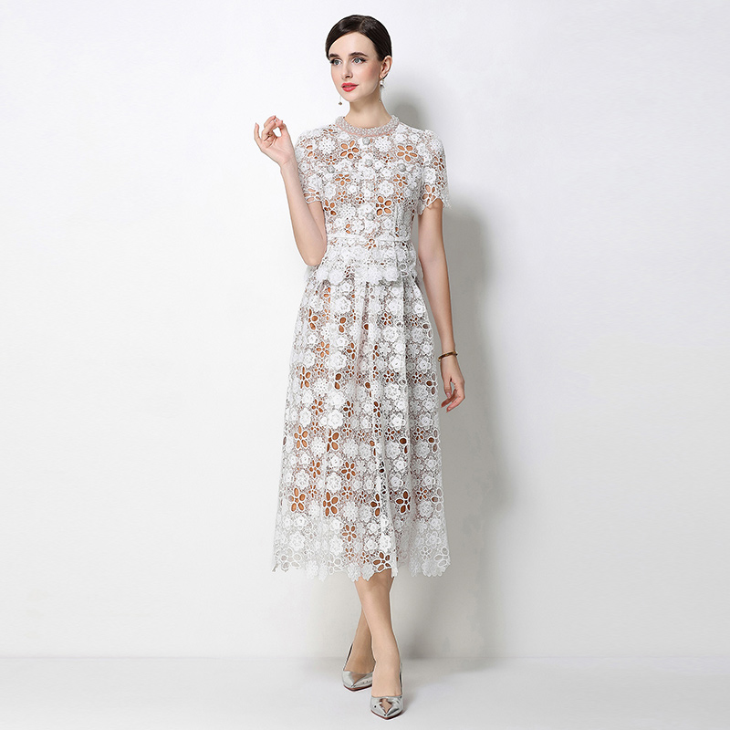 Hollow light luxury fashion lace slim skirt a set