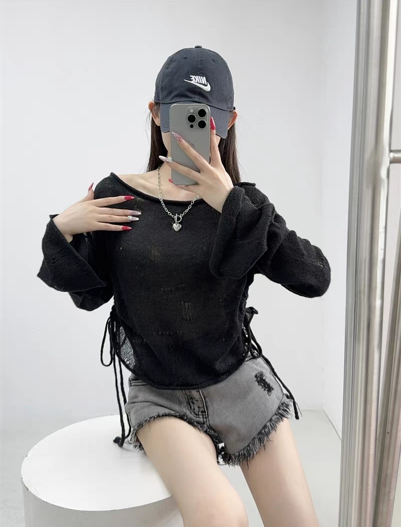 Bandage short smock loose drawstring sweater