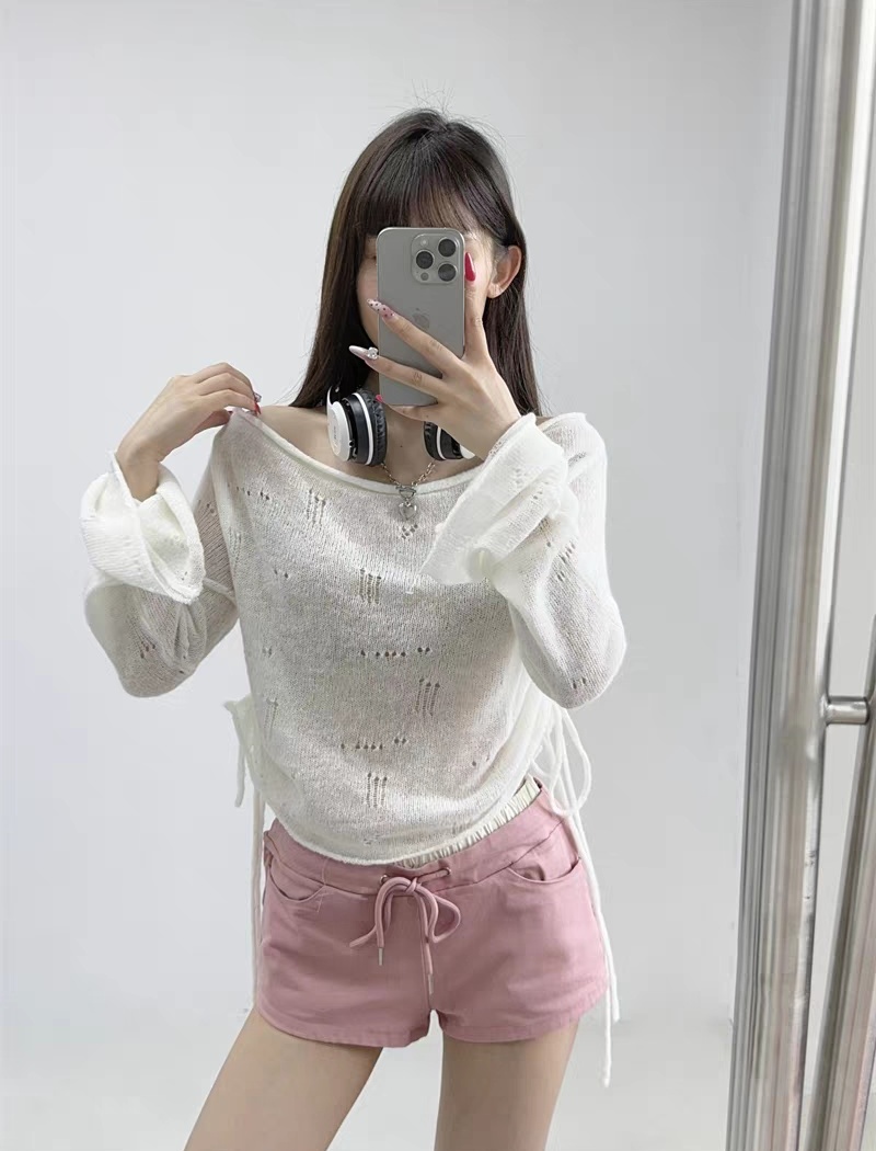 Bandage short smock loose drawstring sweater