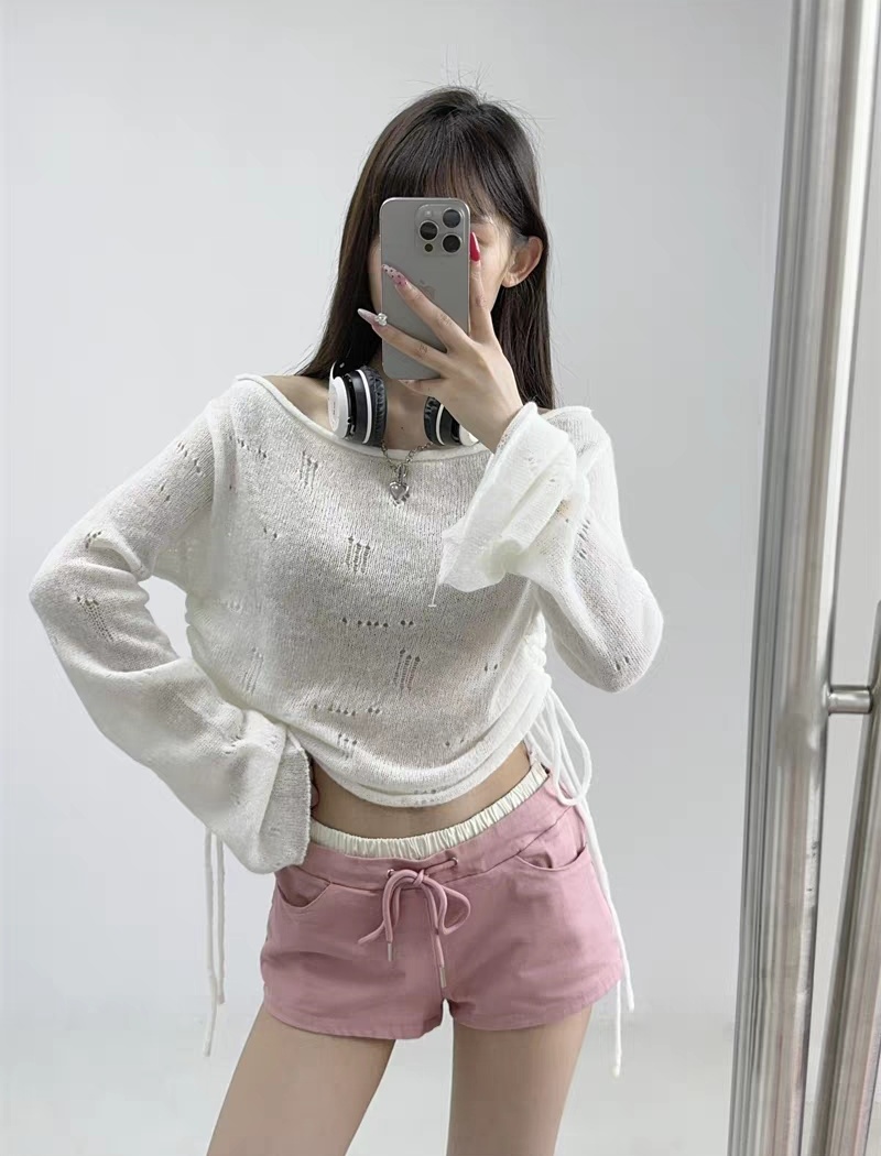Bandage short smock loose drawstring sweater