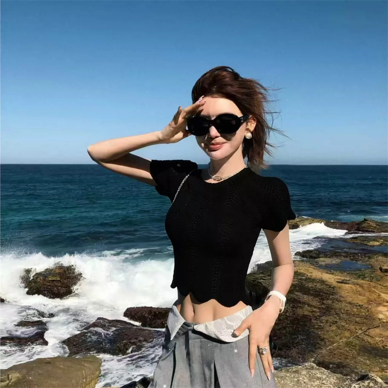 Short sleeve hollow T-shirt knitted summer tops for women
