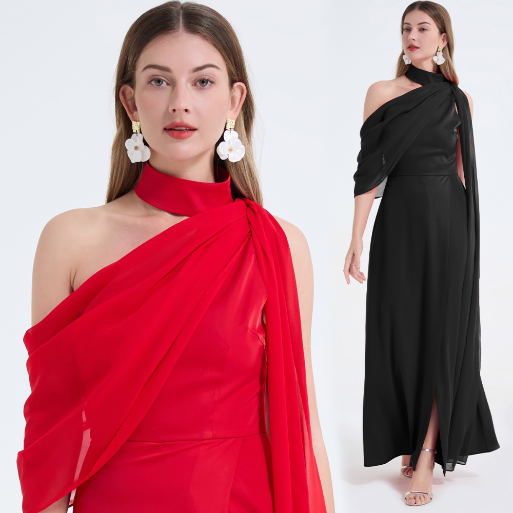Sloping shoulder temperament dress halter split formal dress