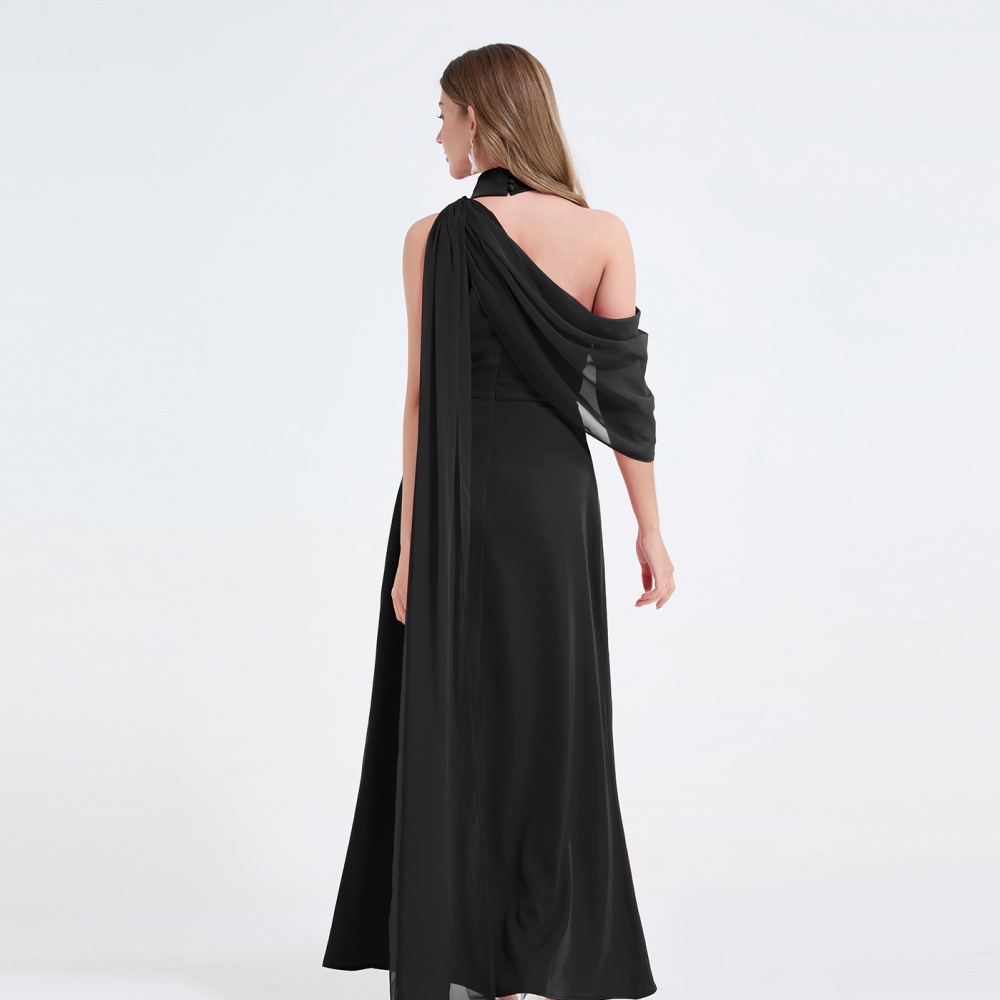 Sloping shoulder temperament dress halter split formal dress
