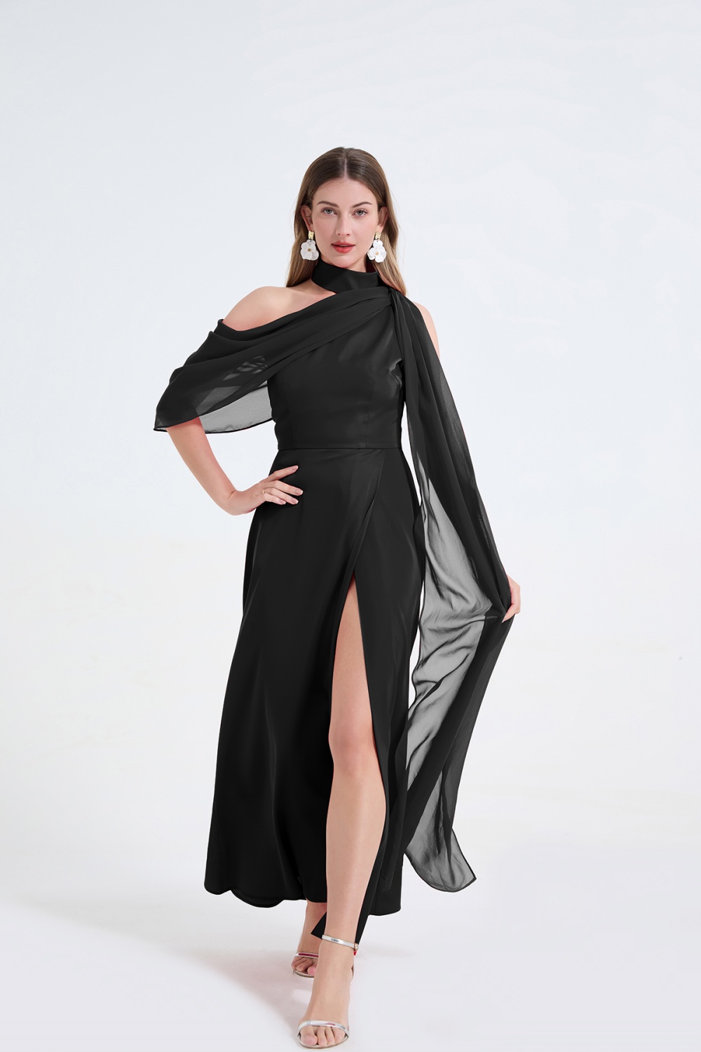 Sloping shoulder temperament dress halter split formal dress