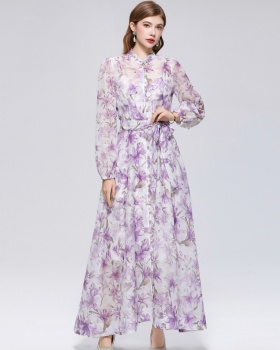 Cstand collar long sleeve printing big skirt dress