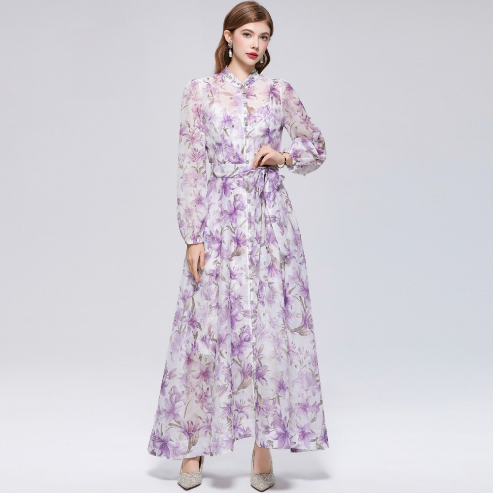 Cstand collar long sleeve printing big skirt dress