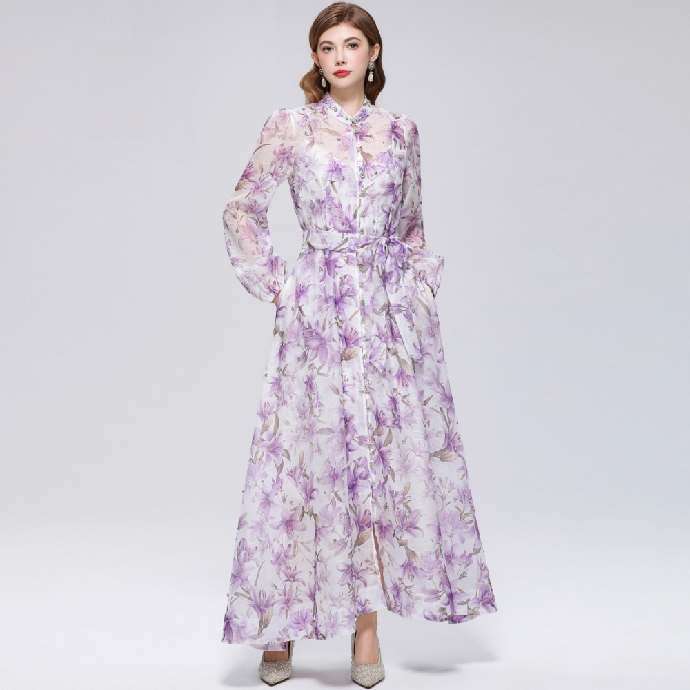 Cstand collar long sleeve printing big skirt dress