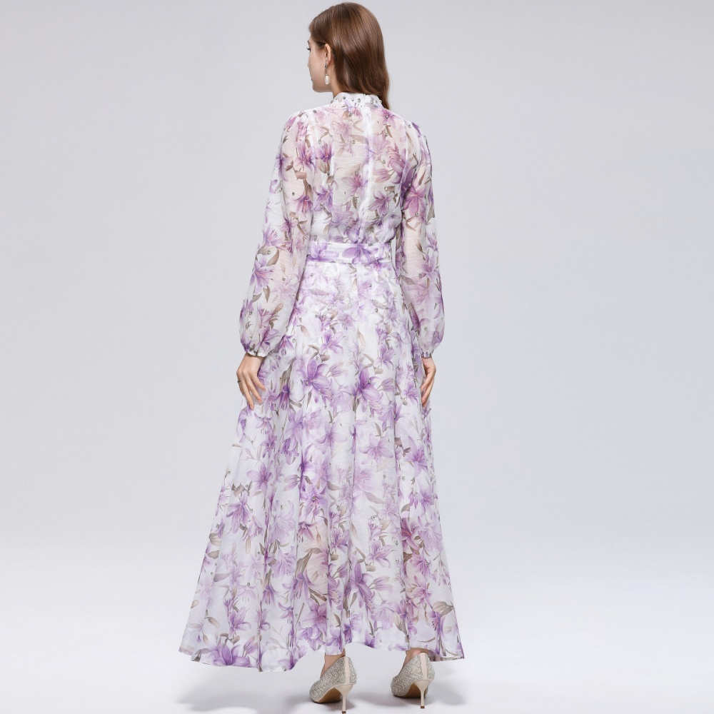 Cstand collar long sleeve printing big skirt dress