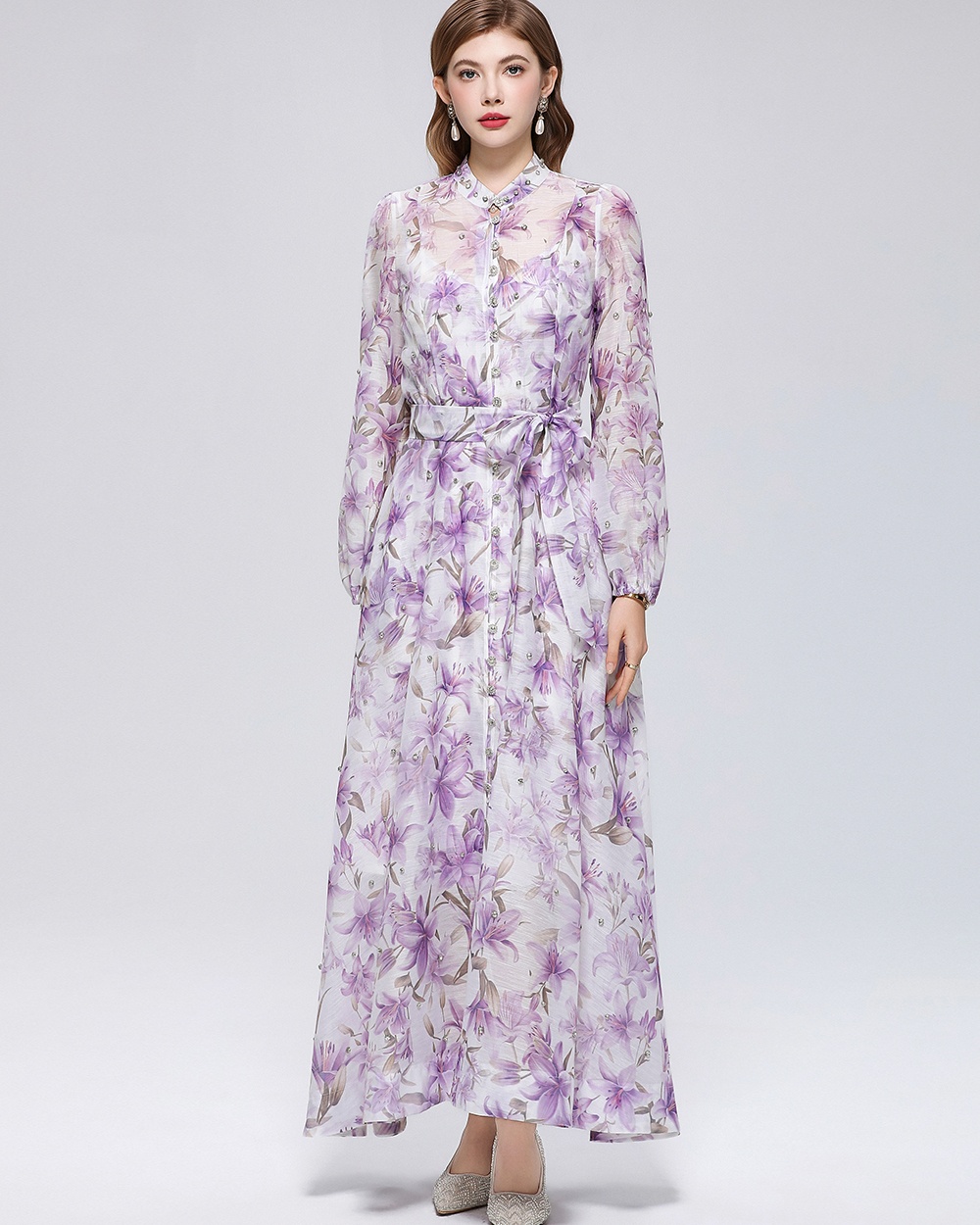 Cstand collar long sleeve printing big skirt dress