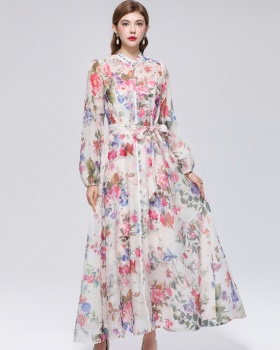 Cstand collar with sling pinched waist printing long sleeve dress