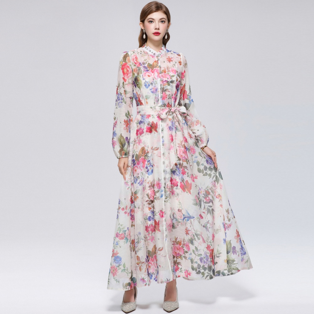 Cstand collar with sling pinched waist printing long sleeve dress