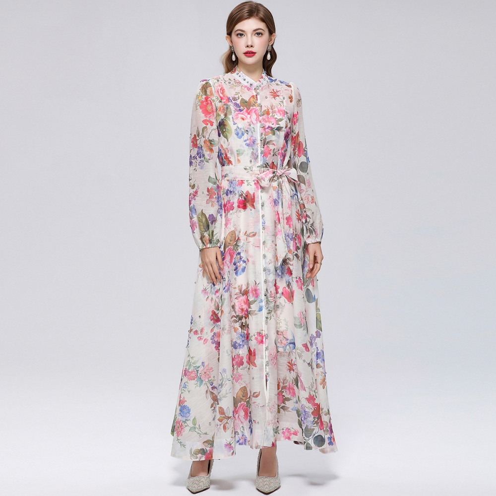 Cstand collar with sling pinched waist printing long sleeve dress